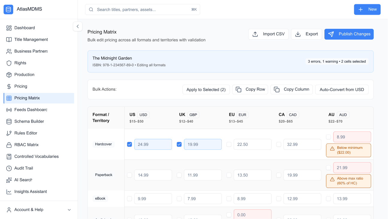 Pricing Matrix — bulk apply + validation